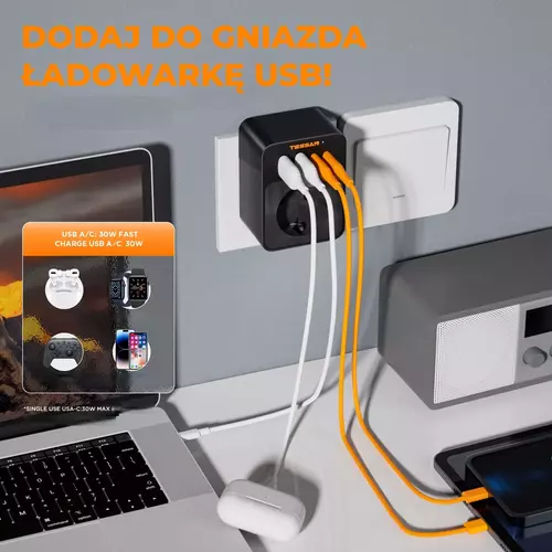 Zdjęcie produktu Gniazdo z ładowarką TESSAN USB 30W 6