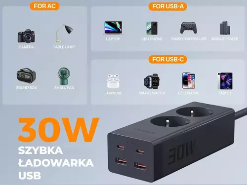 Zdjęcie produktu Listwa zasilająca TESSAN z ładowarką USB 30W - OUTLET 10