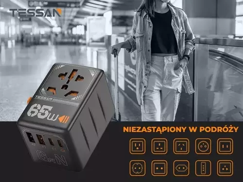 Zdjęcie produktu Uniwersalny adapter podróżny TESSAN z ładowarką USB 65W - OUTLET 9
