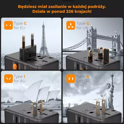Zdjęcie produktu Uniwersalny adapter podróżny TESSAN z ładowarką USB 65W - OUTLET 13