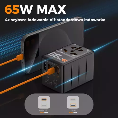 Zdjęcie produktu Uniwersalny adapter podróżny TESSAN z ładowarką USB 65W - OUTLET 14